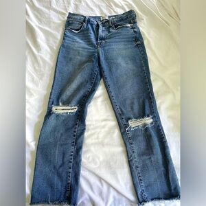 Straight leg distressed high rise jeans